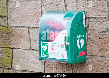 London, England / UK - July 21st 2019: Defibrillator on office workplace wall Stock Photo