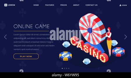 Online casino game isometric landing page. Internet gambling business, casino luxury roulette striped wheel 3D website homepage layout. Modern entertainment, online bets, fortune wheel Stock Vector