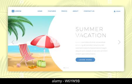 Summer vacation vector landing page template. Seaside resort with sandy beach, deckchair and umbrella. Summertime recreation on tropical island travel agency promotional webpage design layout Stock Vector