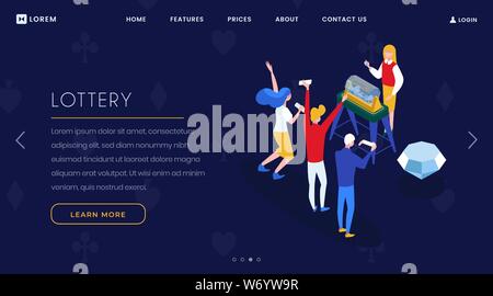 Lottery game landing page isometric template. Casino playing and gambling business website homepage 3D layout. Players holding lottery tickets, lucky bingo, jackpot winners characters Stock Vector