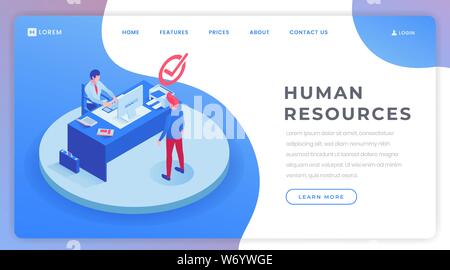 Human resources landing page isometric template. Candidate at job interview, talent manager, HR agent, headhunter office website homepage layout. Employment service vector illustration Stock Vector