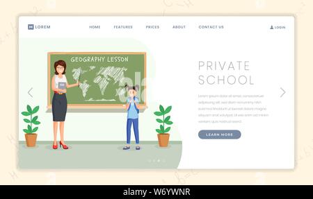 Private school lesson vector landing page. Geography teacher explaining continents location to cute schoolgirl cartoon characters. Elite school with child centered approach promo webpage design layout Stock Vector