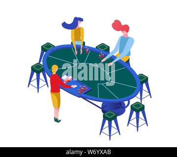 Blackjack game isometric vector illustration. Gamblers playing classic casino games, female croupier and players at poker table 3d characters. Gambling business, entertainment isolated clipart Stock Vector