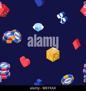Casino games 3d vector seamless pattern. Poker chips, isometric dice and diamond on blue backdrop. Hearts, spades, clubs and diamonds playing cards suits background, wrapping paper design Stock Vector