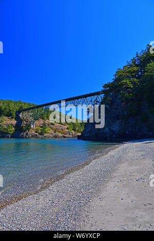 The Deception Pass Bridge as seen from Little North Beach in Deception Pass State Park, Washington Stock Photo