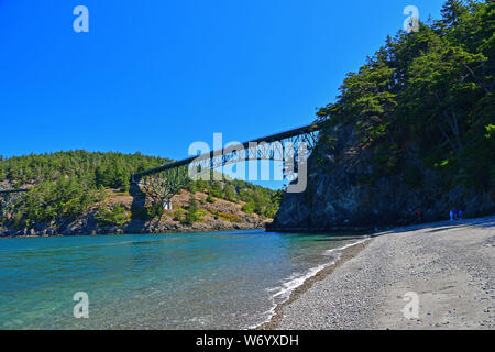 The Deception Pass Bridge as seen from Little North Beach in Deception Pass State Park, Washington Stock Photo