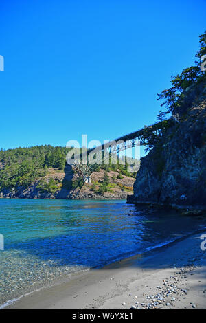 The Deception Pass Bridge as seen from Little North Beach in Deception Pass State Park, Washington Stock Photo