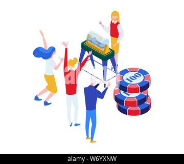 Lottery players and host isometric illustration. Gamers holding lottery tickets, happy lucky jackpot winners faceless characters. Balls rotation machine, lotto drum, bingo 3D isolated clipart Stock Vector
