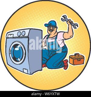 master repair washing machine. Pop art retro vector illustration drawing Stock Vector