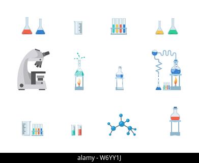 Lab equipment vector illustration set. Test tubes, chemistry beakers with liquids, measuring cup isolated on white background. Laboratory microscope, flasks heating system, molecule, virus structure Stock Vector