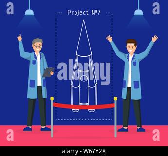 Spaceship design project flat vector illustration. Cheerful engineers presenting space rocket draft cartoon characters. Space exploration experts, researchers showing experimental spacecraft Stock Vector