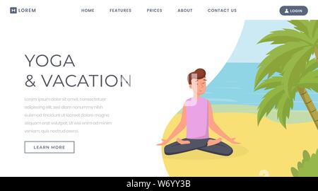 Meditation flat landing page vector template. Yoga during vacation, yoga classes website, webpage. Male yogi concentrating on beach, relaxing and meditating in lotus pose cartoon character Stock Vector
