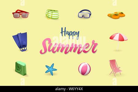 Summer accessories vector banner template. Summertime vacation symbols set. Cartoon beach umbrella, deckchair, sunglasses. Scuba diving equipment, goggles isolated on yellow background Stock Vector