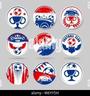 Set of nine different soccer sport stickers isolated on gray background Stock Vector