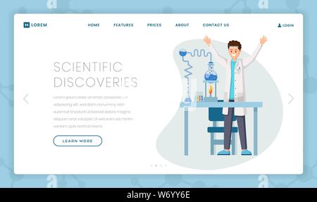 Scientific discoveries vector landing page template. Cartoon scientist testing experimental formula in lab glassware. Modern research center, chemical laboratory website page design layout Stock Vector