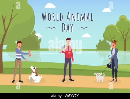 World animal day flat banner template. Female cat lover, male dog owner playing with pets in park cartoon characters. Young man with parrot on shoulder, volunteer enjoying fresh air in countryside Stock Vector