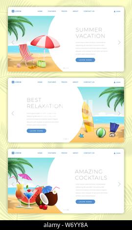 Summer vacation vector landing pages set. Calm seaside rest, active water sports, outdoor activities. Amazing summertime desserts, snacks, cocktails and beverages website page design layouts Stock Vector