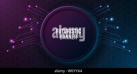 Futuristic banner with computer circuit. Modern tech design. Blue and purple glowing neon honeycombs. Electronic network. Vector illustration. EPS 10 Stock Vector