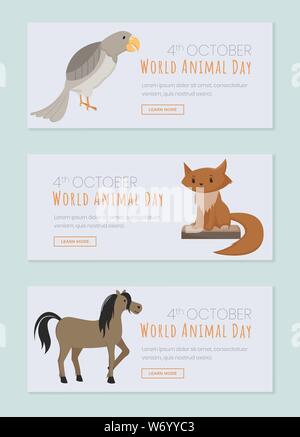 World animals day landing page templates. Saving domestic and wild animals, domesticated birds event. Protecting nature, forest wildlife, exotic fauna, supporting pets website page design layout Stock Vector