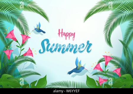 Exotic summer vector banner template. Happy summer calligraphy with decorative palm tree leaves, tropical foliage and birds. Tiny hummingbirds sipping flowers nectar postcard design layout Stock Vector