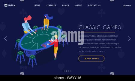 Casino card games isometric landing page. Gamblers group playing blackjack, croupier and players sitting at poker table 3d illustration. Gambling business, entertainment website homepage layout Stock Vector