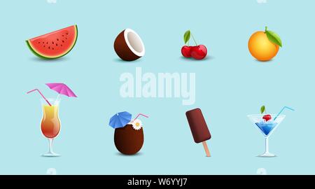 Summer food flat vector illustrations set. Seasonal berries and exotic fruits, summer snack, chocolate ice cream. Alcohol drinks in bar glassware, coconut cocktails isolated on blue background Stock Vector