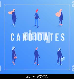 Candidates social media banner isometric template. Employees waiting job interview, managers, businessmen, businesswomen 3d characters set. Employment service, job vacancy poster design Stock Vector