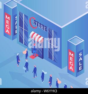 Store mega sale isometric vector illustration. Consumerism, shopping, advertisement and marketing, promo campaign drawing. Buyers in queue, shop discounts and special offers for clients Stock Vector