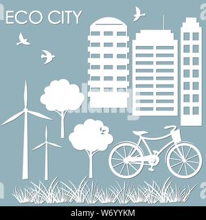 template for making illustrations. vector image for laser cutting and plotter printing. sticker windmill, Bicycle, wood, high-rise buildings. multisto Stock Vector