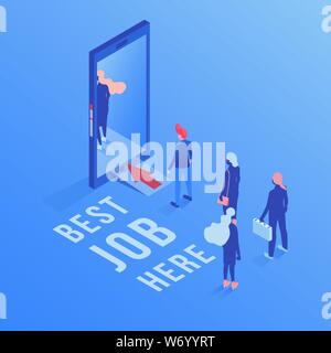 Best job here isometric vector illustration. Employment service, recruitment agency mobile application isolated 3d clipart. Unemployed people searching job on Internet, using smartphone app Stock Vector