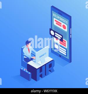 HR agent office isometric vector illustration. Talent manager, employer posting company job vacancies on Internet character. Employment service, recruitment agency mobile application 3d clipart Stock Vector