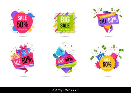 Shopping sales web banners templates set. Limited time half price, 50 percent off discount special offers for clients flat stickers pack. Store advertising campaign, promotional posters collection Stock Vector