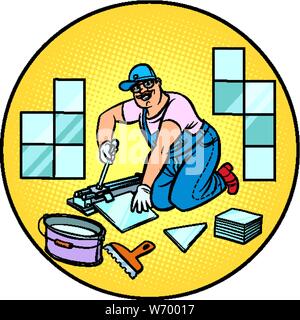 professional worker laying tile, repair work. Pop art retro vector illustration drawing Stock Vector