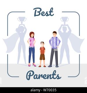 Best parents flat vector illustration. Happy family, mother and father with superhero shadow cartoon characters in frame. Successful people, ambitious couple on family photo content layout Stock Vector