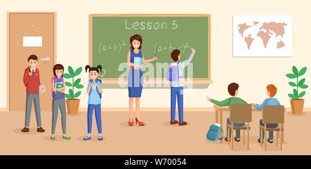 Teaching mathematics flat vector illustration. Cheerful teacher at chalkboard explaining maths to pupils cartoon characters. Schoolchildren study arithmetics, algebra formula, doing sums Stock Vector
