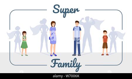 Super family vector banner template. Smiling family, strong mother, father and kids with superhero shadow cartoon characters in frame. Successful people, happy son and daughter Stock Vector