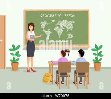 Teaching geography flat vector illustration. Female teacher with pointer showing continents on chalkboard. Cartoon schoolkids, pupils sitting at desks listening to educational material explanation Stock Vector