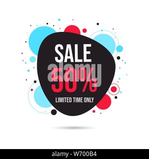 Half price sale web banner template. Shopping low price deal, discount for customers creative promotional vector poster layout. Store promo campaign, special offers for clients sticker, label Stock Vector