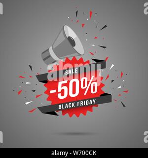 Black Friday sale web banner template. Shopping half price discount for customers promotional vector poster layout. Store deals and special offers, red sticker, label with text on ribbon Stock Vector
