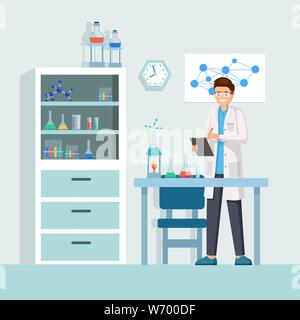 Scientist at work vector illustration. Male lab worker taking notes, describing test, chemical reaction cartoon character. Cheerful researcher doing experiments in laboratory, using lab equipment Stock Vector