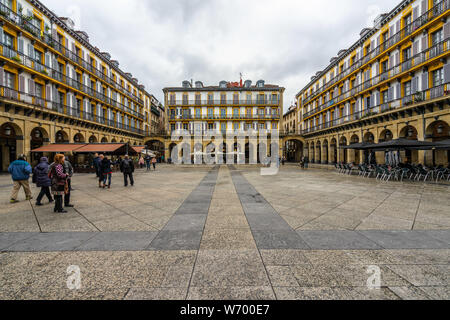 Constitution Square (Plaza de la Constitucion) is the main square of San Sebastian, with elegant buildings built in 19th century Stock Photo