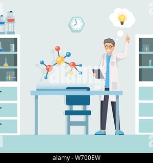 Researcher having idea flat vector illustration. Cartoon scientist, creative chemist modeling innovative chemical formula. Lab worker planning scientific experiment, new medication discovery Stock Vector