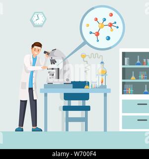 Lab worker flat vector illustration. Male scientist studying test results, molecule structure in microscope cartoon character. Pharmacologist analyzing bacteria, virus structure using lab equipment Stock Vector