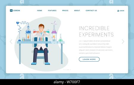 Chemical experiments vector landing page template. Cartoon researcher working in lab, mixing liquids, combining substances in flasks. Modern scientific laboratory promo website page design layout Stock Vector