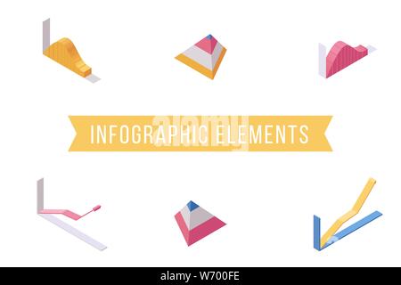 Infographic elements flat isometric illustrations set. Various economic charts, growing line and pyramid diagram 3D icons pack. Business analysis, market analytics, statistical data visualization Stock Vector