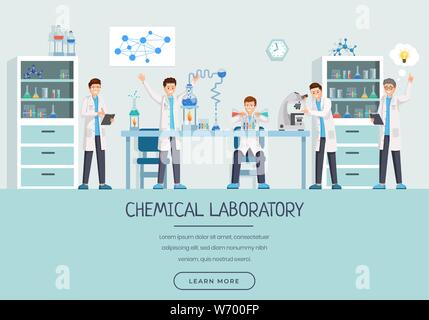 Chemical lab workers landing page template. Research group doing tests, studying liquids, substances cartoon characters. Creative scientists with innovative ideas website page design layout Stock Vector