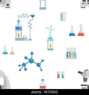 Lab equipment vector seamless pattern. Test tubes, chemistry beakers, measuring cups. Laboratory microscope, flasks heating system, molecule, virus structure wallpaper, wrapping paper design Stock Vector