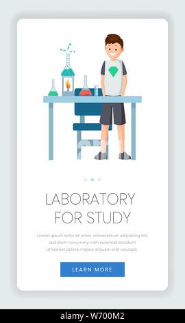 Chemistry for children mobile webpage template. Digital technology for teaching pupils chemical reactions on smartphone screen. Study laboratory for schoolchildren mobile app website page design Stock Vector