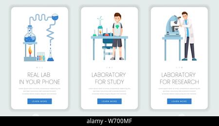 Online laboratory mobile webpage templates set. Modern technologies for doing experiments, teaching chemistry at school. Scientific discoveries, medical breakthrough mobile app website page design Stock Vector