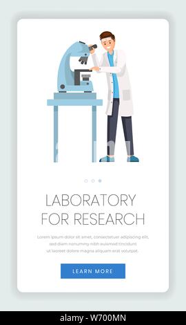 Research laboratory mobile vector webpage template. Lab worker, chemist, pharmacologist using microscope cartoon character. Innovative scientific discoveries mobile app website page design Stock Vector